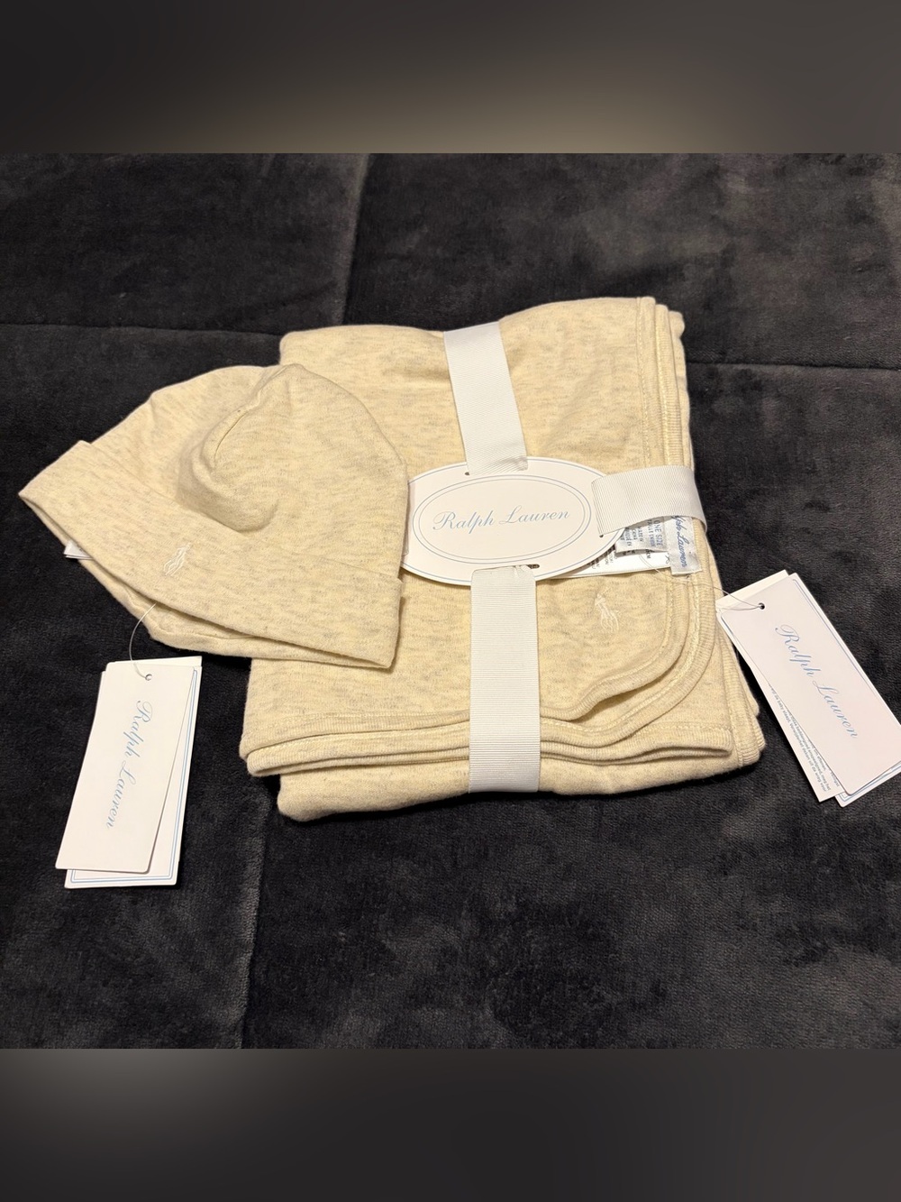 New Ralph Lauren Cream Baby Blanket & Hat Set